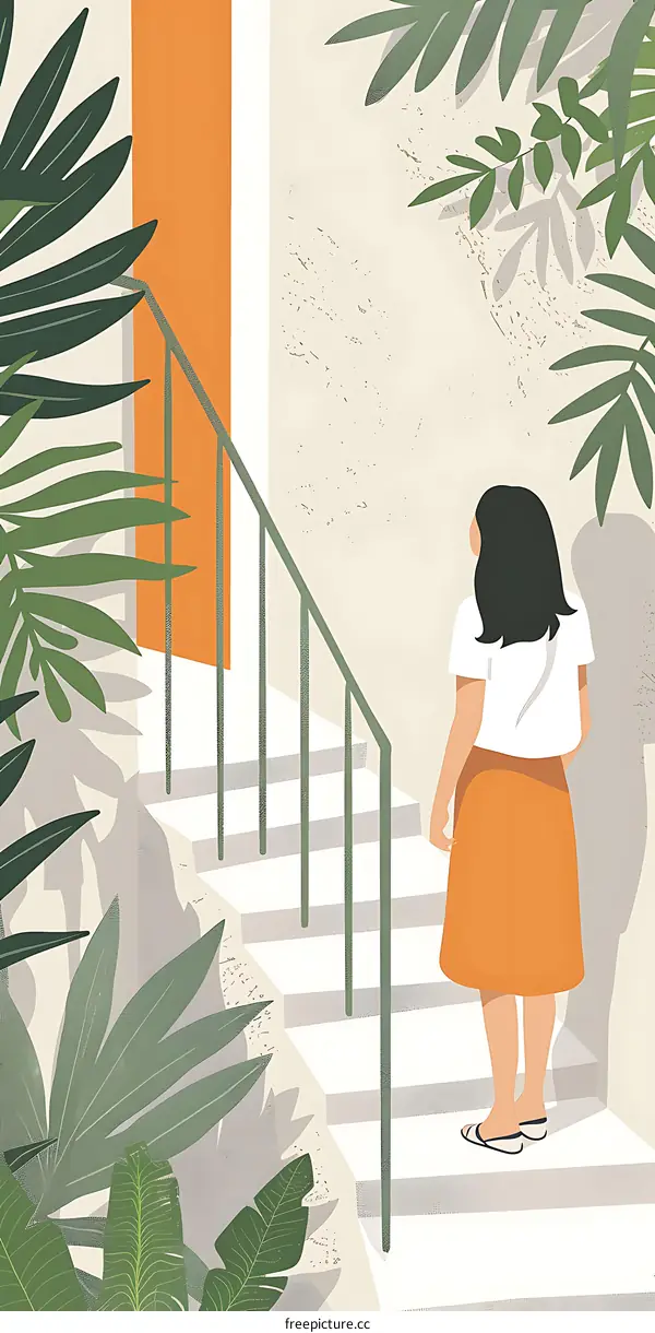 Woman Standing On Stairs With Green Plants