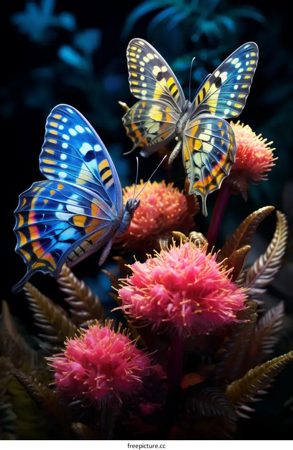 Two vibrant fantasy butterflies on pink flowers against a dark blue backdrop