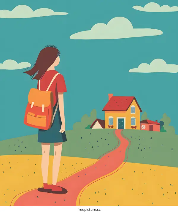 Girl with Backpack Looking at House