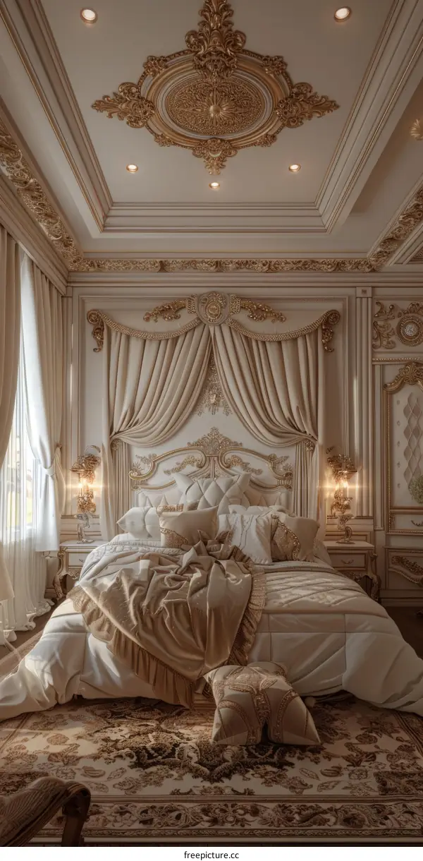 Ornate golden bedroom with a large bed and a luxurious gold and cream color scheme