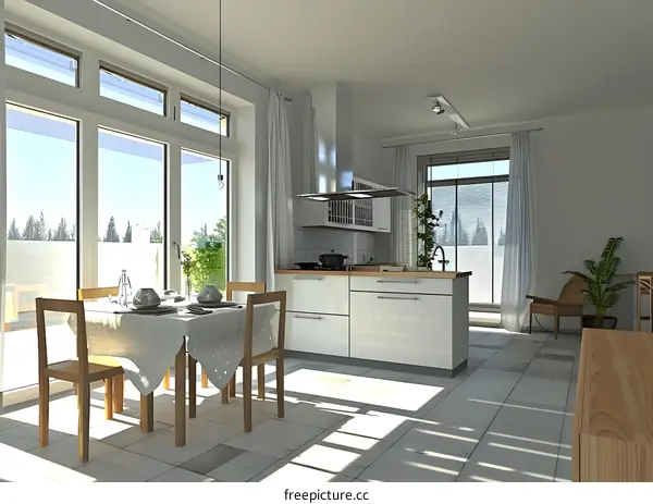 Modern Kitchen Interior Design With White Cabinets And Wooden Table