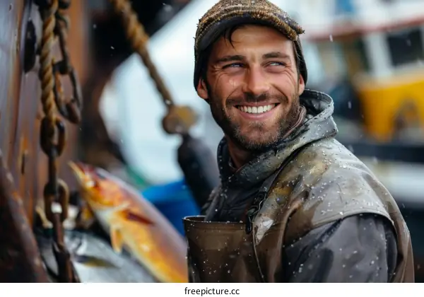 Portrait of a happy fisherman wearing a brown cap and black jacket standing on a fishing boat