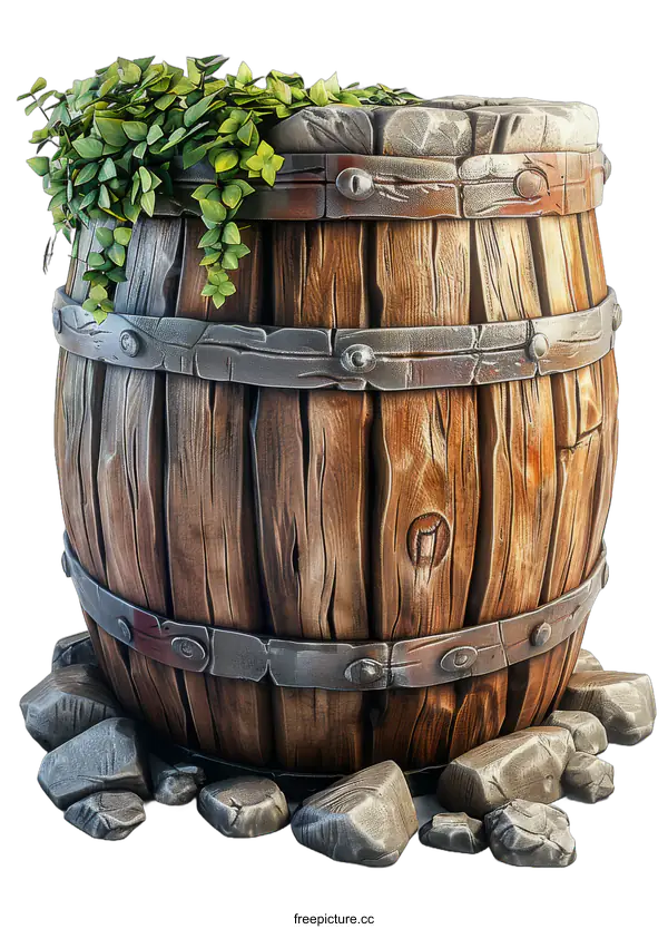 [Transparent Background PNG]barrel with rocks and plants