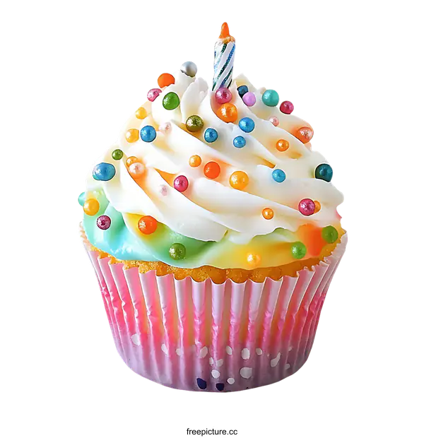 [Transparent Background PNG]Colorful Birthday Cupcake with Sprinkles and Candle