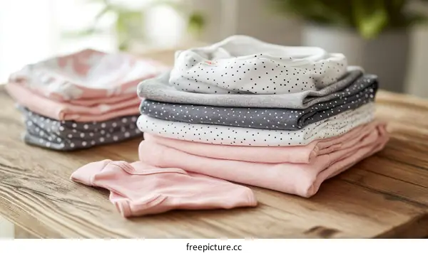 Baby Clothes Stacked on Wooden Table