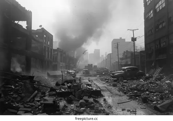 Post-war urban scene with ruined buildings and debris