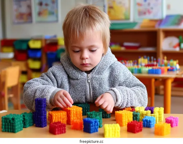 Child Playing with Colorful Building Blocks in Preschool