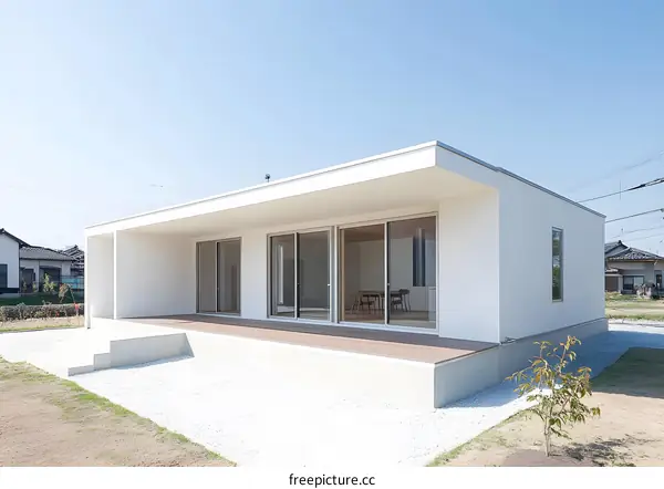 Modern White Minimalist House Exterior with Sliding Doors and Concrete Patio