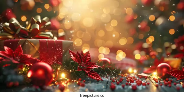 Festive Christmas Background with Red and Gold Decorations