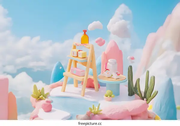 3D Rendered Illustration Of A Small Shop In The Clouds With Colorful Objects