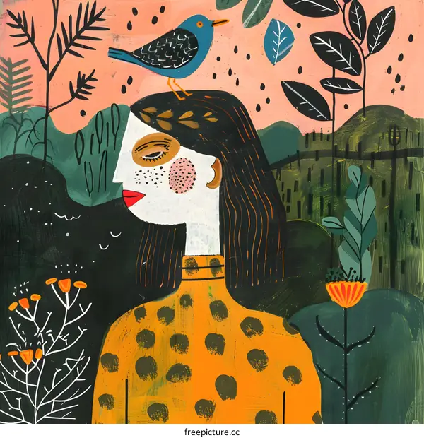 Woman with Bird on Her Head in Nature Illustration
