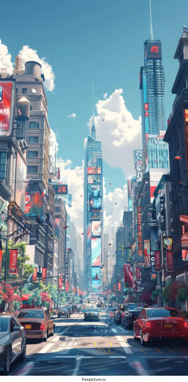 A wide and long road in the city with skyscrapers on both sides and cars driving on the road