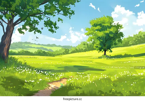 Green Meadow with Trees and Winding Path