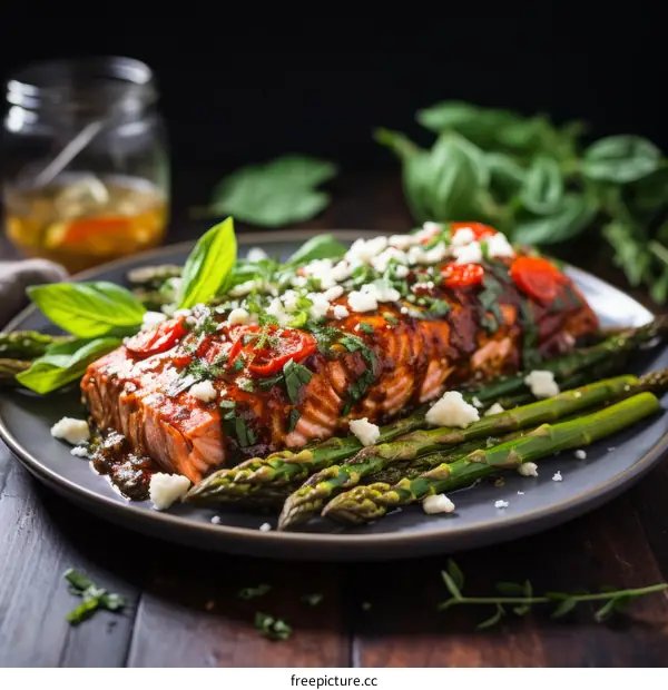 A Tasty and Nutritious Dish of Salmon, Asparagus, and Cherry Tomatoes