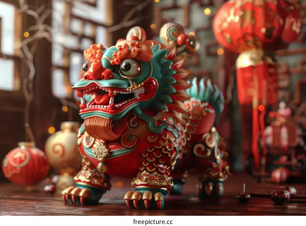 A red and green Chinese lion statue with a golden bell on its head and red lanterns in the background