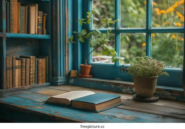 Open Book on a Rustic Wooden Table by a Window