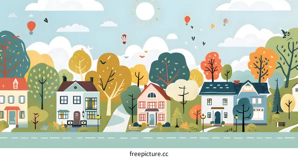 Cute Illustration of a Small Town with Colorful Houses and Trees