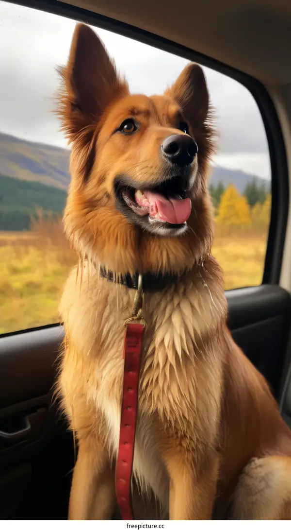 Happy Golden Retriever Looking Out Car Window