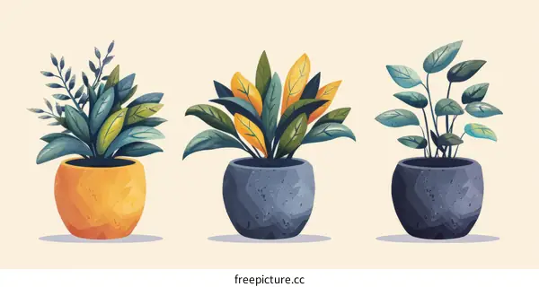 Three Elegant Indoor Potted Plants Illustration