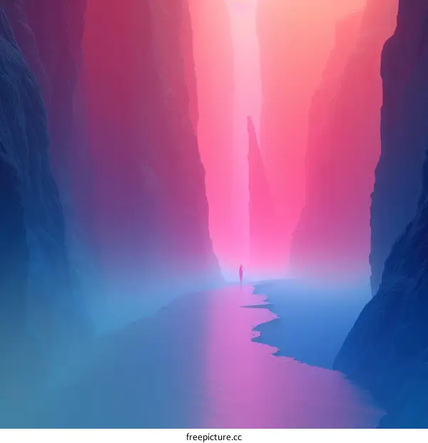 Digital Art of a Person Walking Through a Pink and Blue Canyon