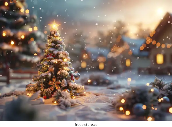 Christmas tree shining in the snow