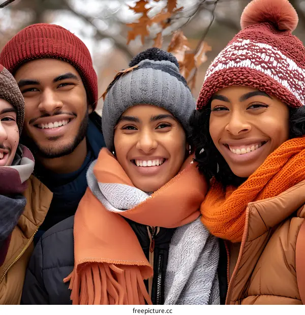 Smiling Friends In Winter Hats And Scarves