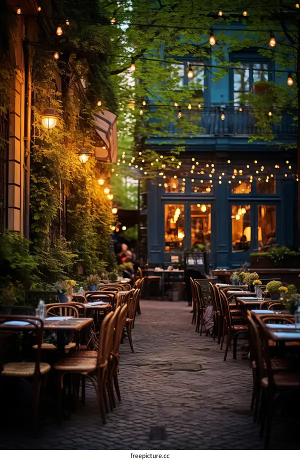 Charming European city street with outdoor seating at a restaurant