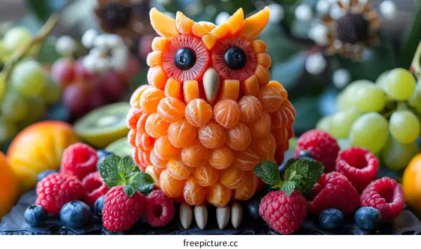 Adorable owl made of fruits and berries