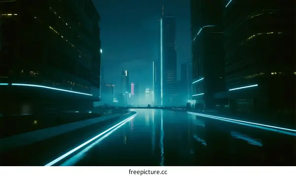 Futuristic Urban Night Scene with Neon Lights and Tall Buildings