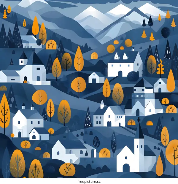 Blue and Yellow Illustration of a Village in the Mountains