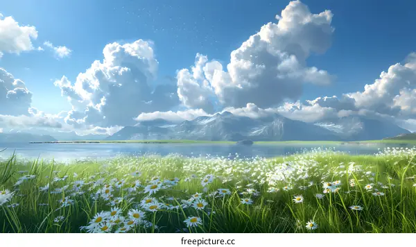 A field of white daisies in bloom at the foot of a mountain
