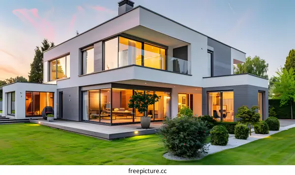 Modern Home Exterior Design with Large Windows and Landscaping