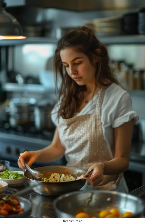 Young woman in a white apron is cooking in the kitchen