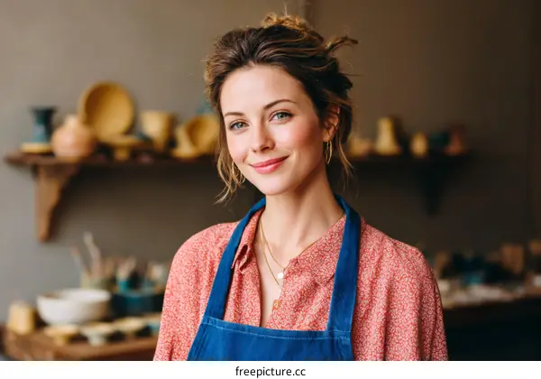 Smiling woman artisan in pottery studio