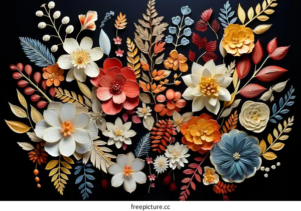 Vibrant and colorful paper flowers of various shapes and sizes arranged together