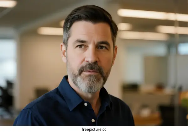 Portrait of mature man with beard in modern office setting
