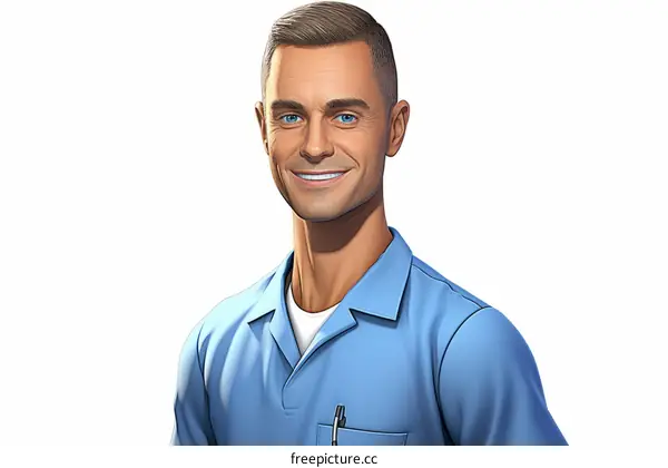 Portrait of a smiling Caucasian male healthcare professional in blue scrubs