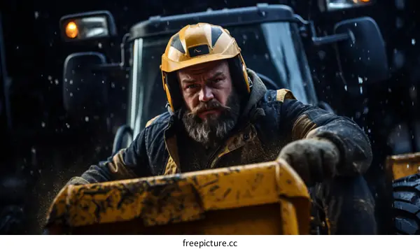 Portrait of a male construction worker wearing a hard hat and safety vest, sitting on the back of a yellow truck in the rain