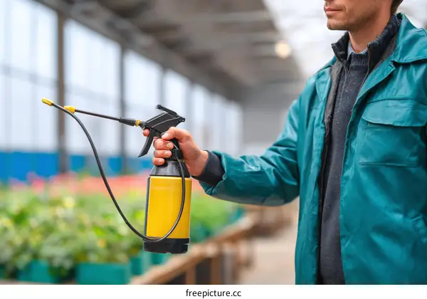 Gardener spraying plants in a greenhouse