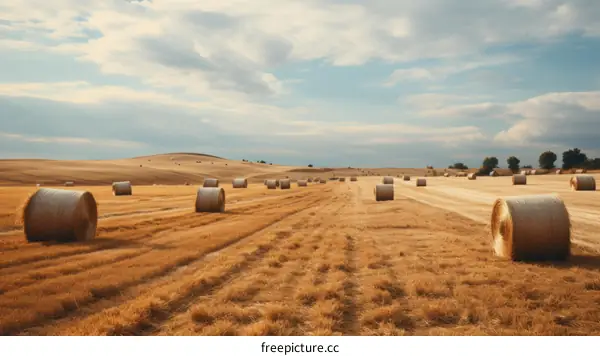 Golden Hay Rolls Awaiting Transport on Hillside