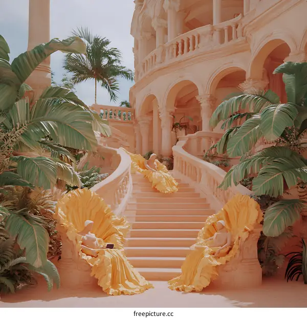 Three Mannequins Sitting on Yellow Chairs in Front of a Large Pink Mansion