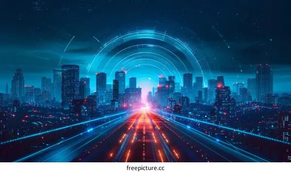 futuristic cityscape illustration with glowing blue and red lights