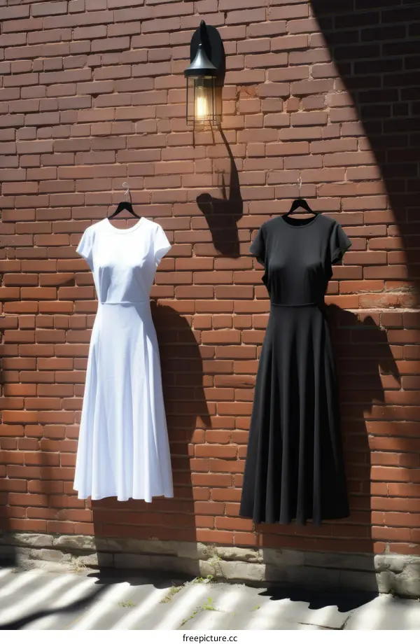 Two simple jersey dresses hanging on a brick wall