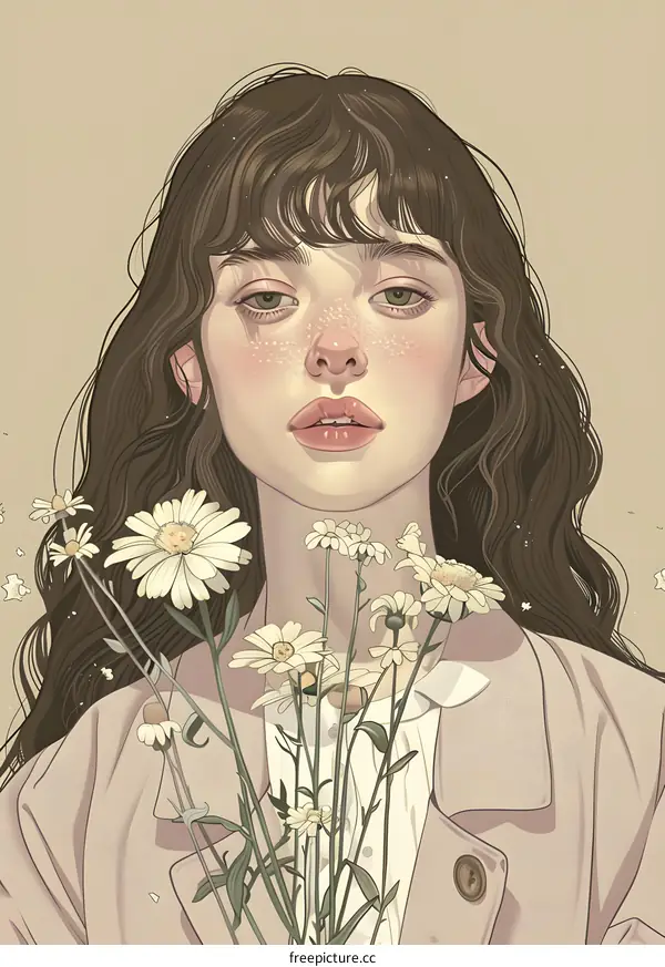 Beautiful Woman Holding Daisies Illustration