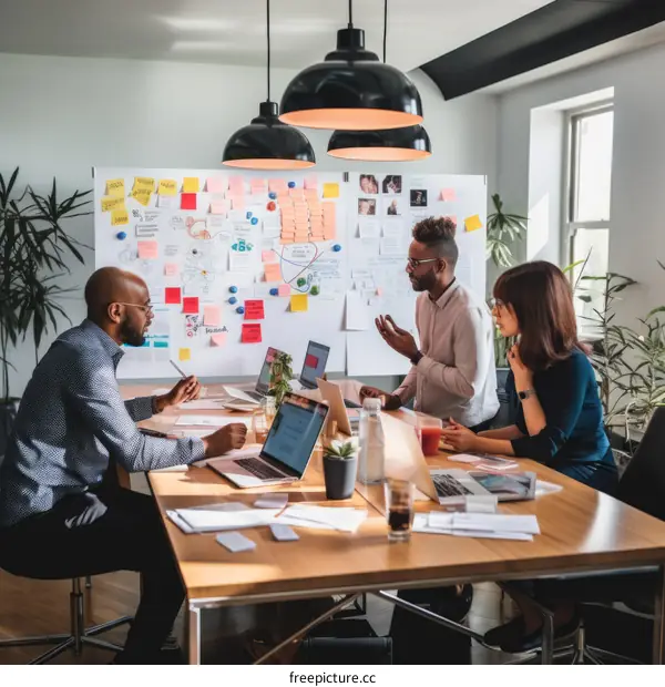 Colleagues discussing ideas in a modern office