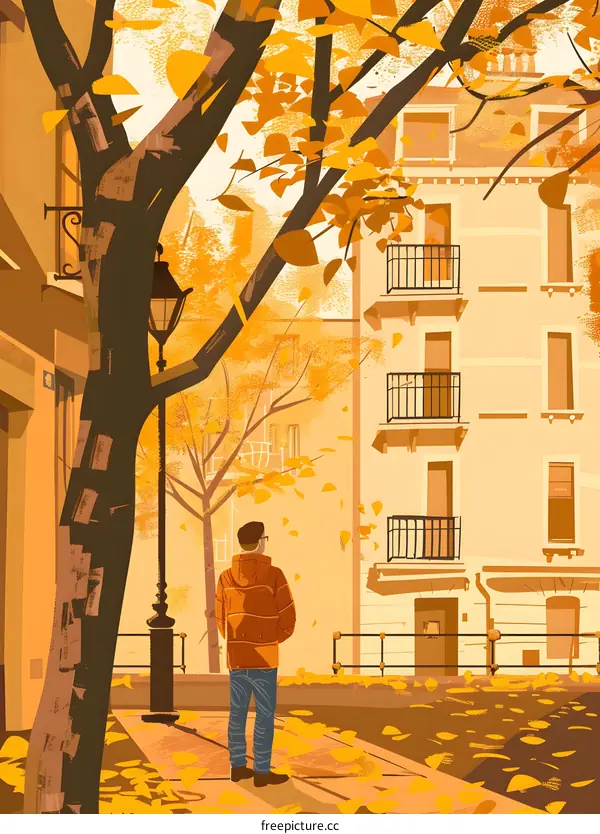 Autumn Leaves Fall on a City Street with a Man Looking at the Building