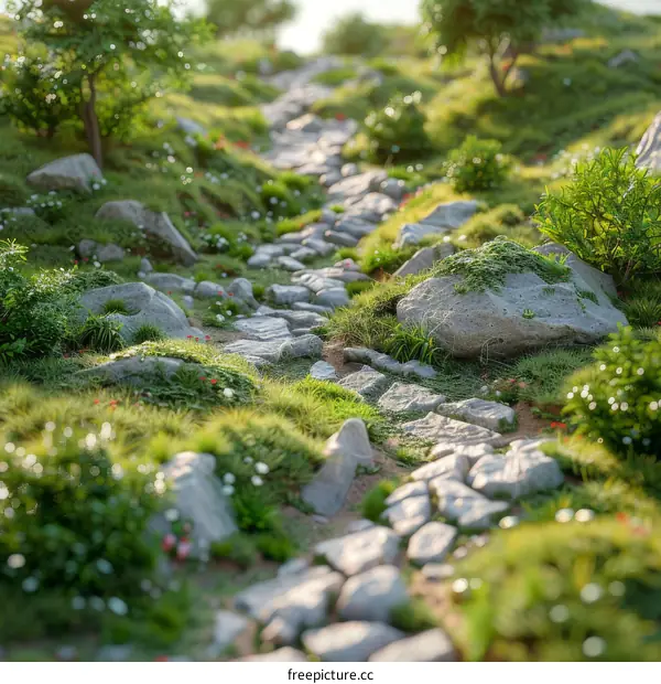 Stone Path Through Lush Green Meadow