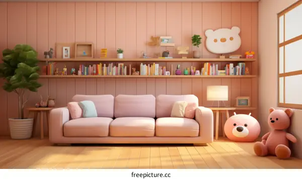 Adorable pink living room with sofa and cute decorations