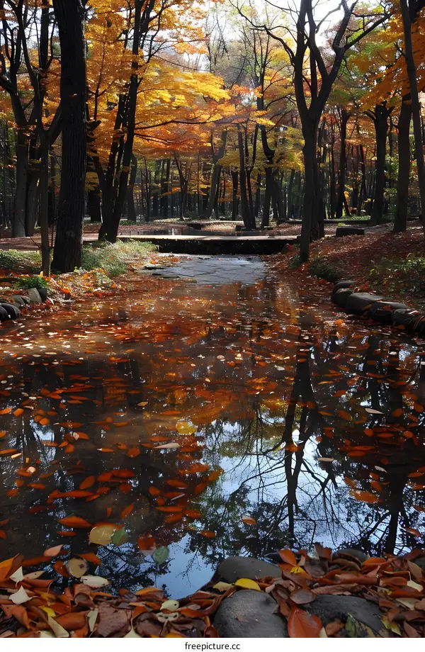 Fallen leaves in the autumn forest with a small river running through it