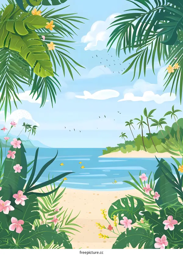 Tropical Beach with Palm Trees and Flowers Illustration
